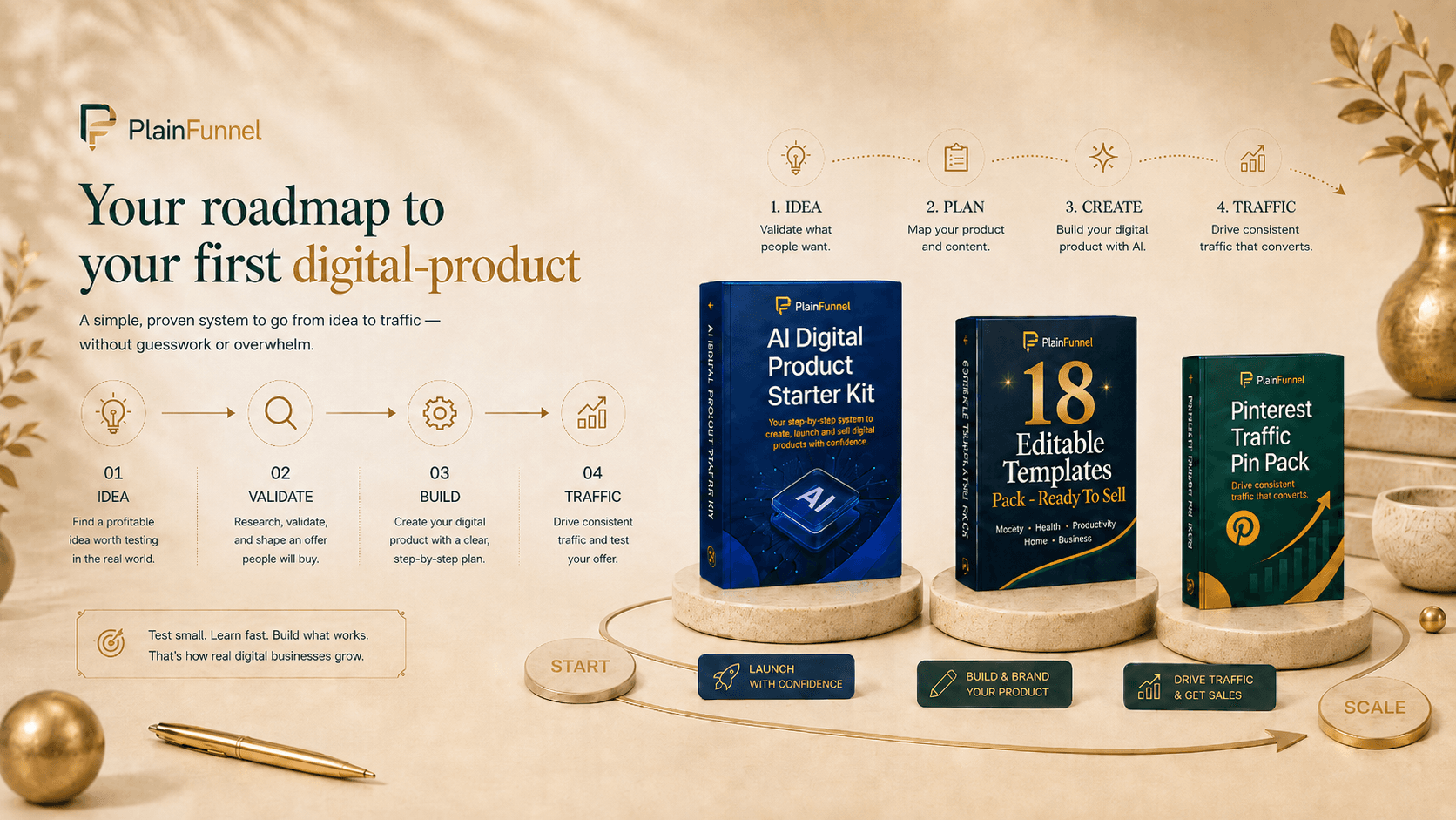 The PlainFunnel roadmap — idea, validate, build, traffic — leading to the AI Digital Product Starter Kit, the Editable Templates Pack, and the Pinterest Traffic Pin Pack.