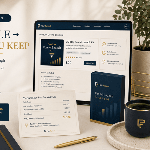 Marketplace walkthrough — a $29 sale leaving about $18 after fees, with a real listing example and a fee breakdown.