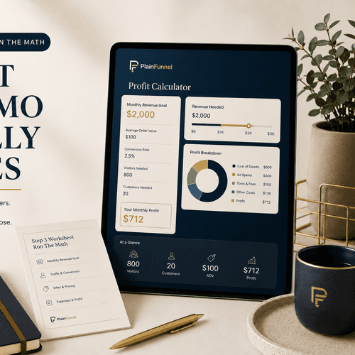 Profit calculator showing what $2,000/month really takes — revenue goal, traffic, and take-home numbers.