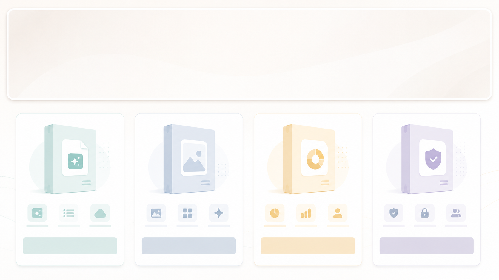 Four product boxes representing templates, image kits, trackers, and bundles.